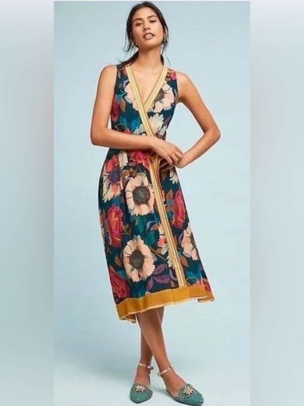 Anthropologie Maeve Botanical Floral Faux Wrap Handkerchief Midi Dress